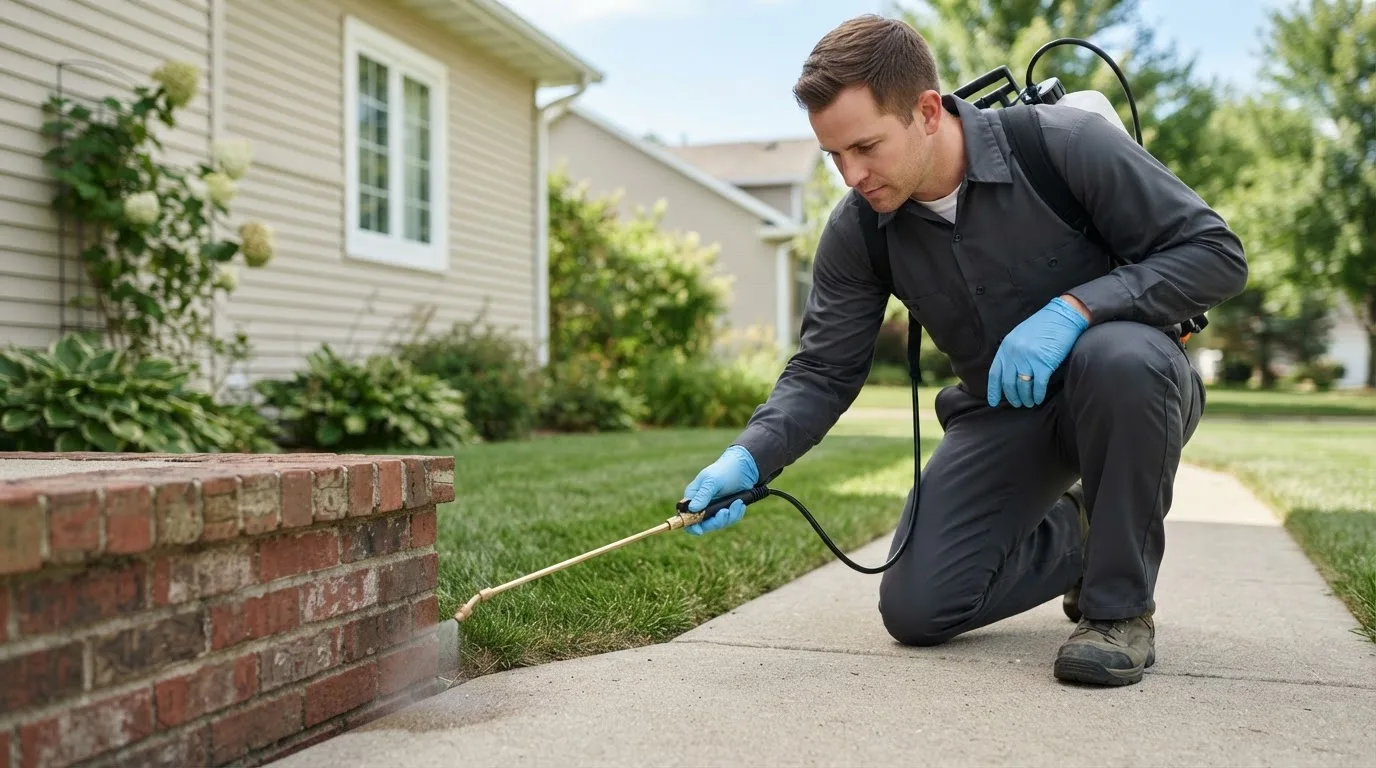 Pest control technician treating a home near Assawoman, VA