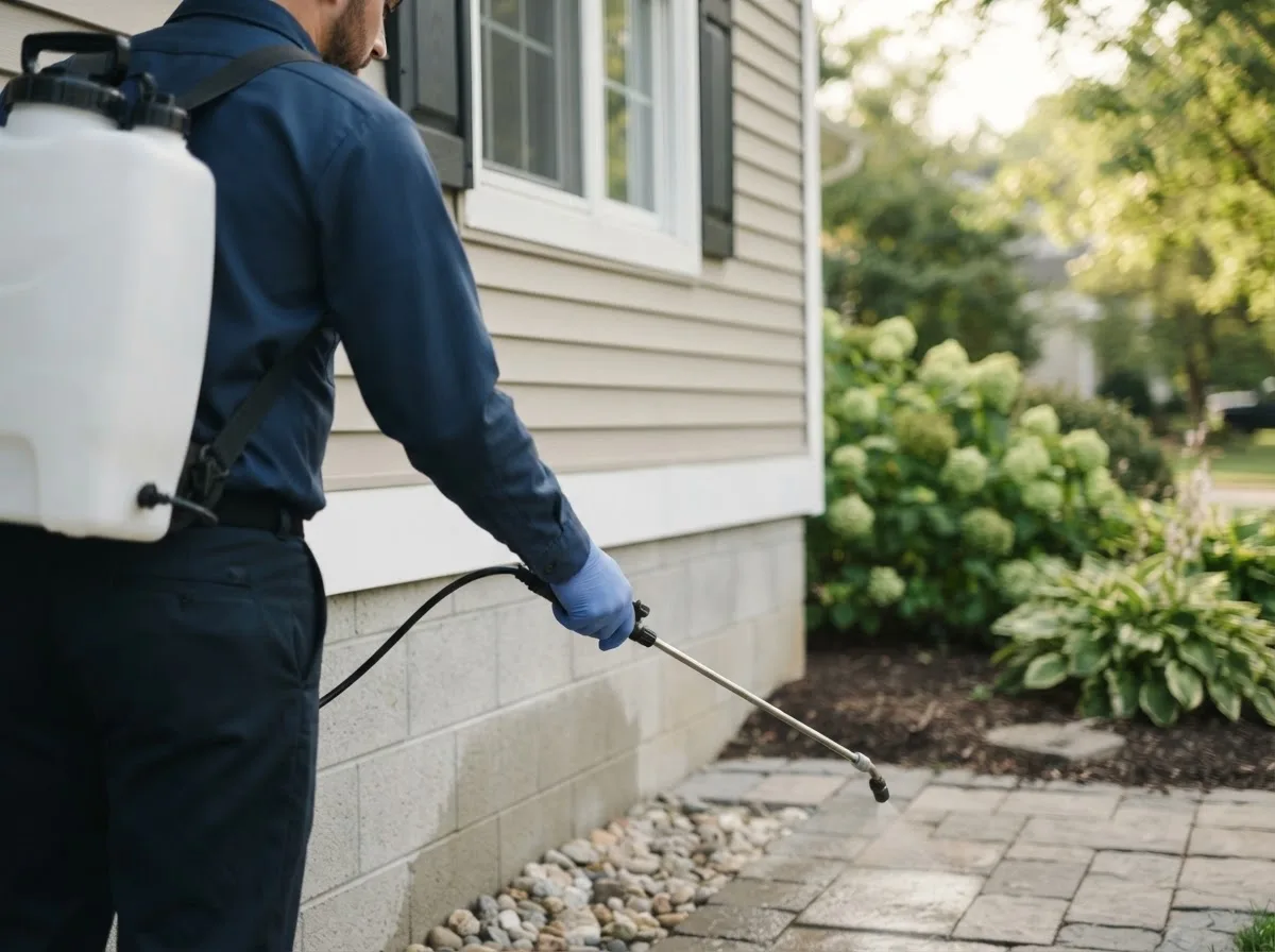 Pest control technician inspecting a home in Assawoman, VA